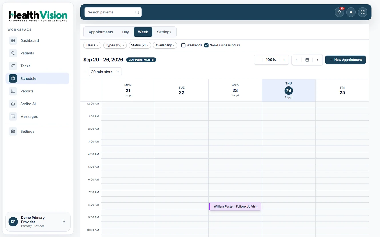 Actual HealthVision scheduling calendar interface; AI scheduling functions shown below are proposed