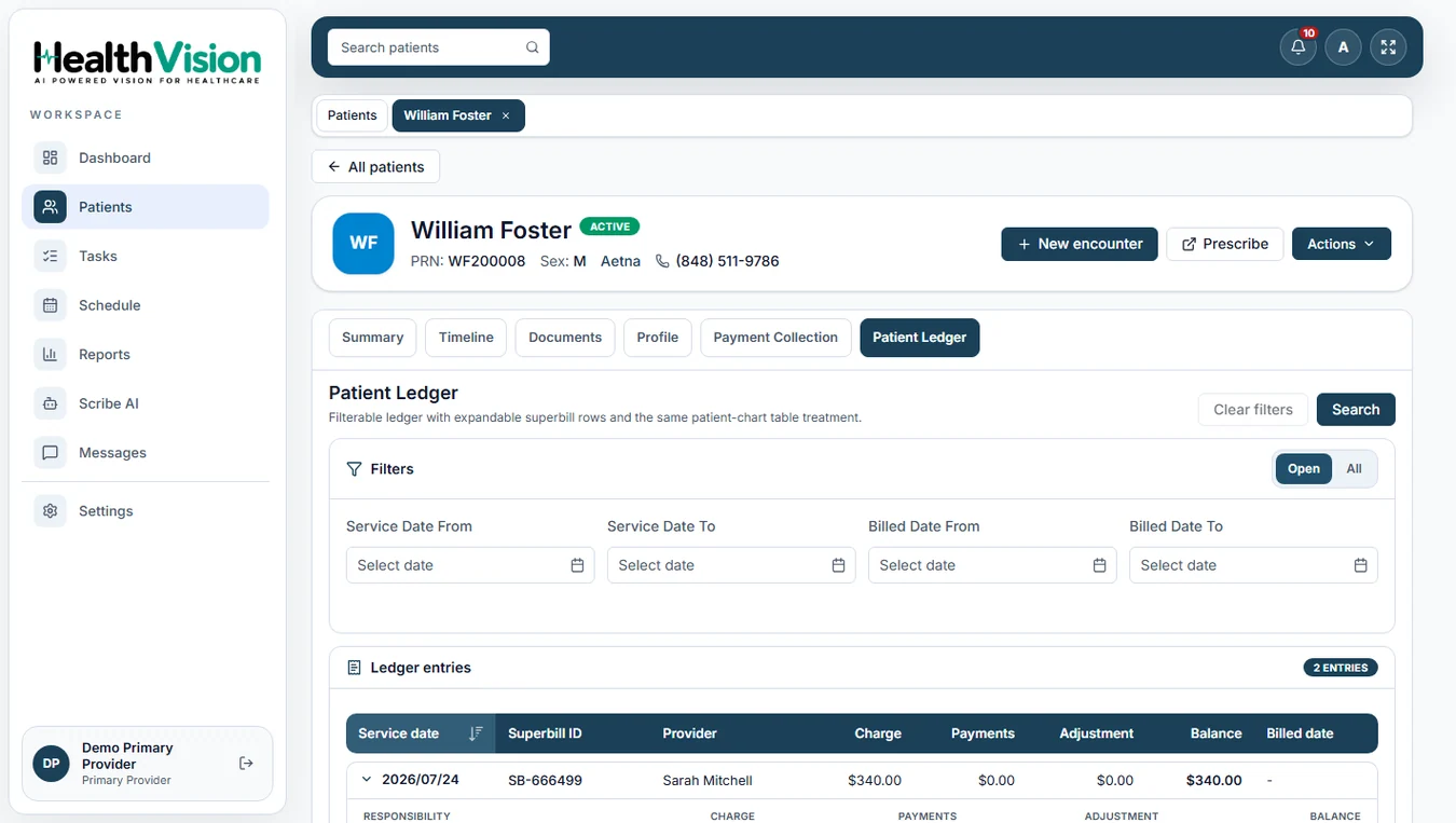 HealthVision patient ledger showing account charges and payment records