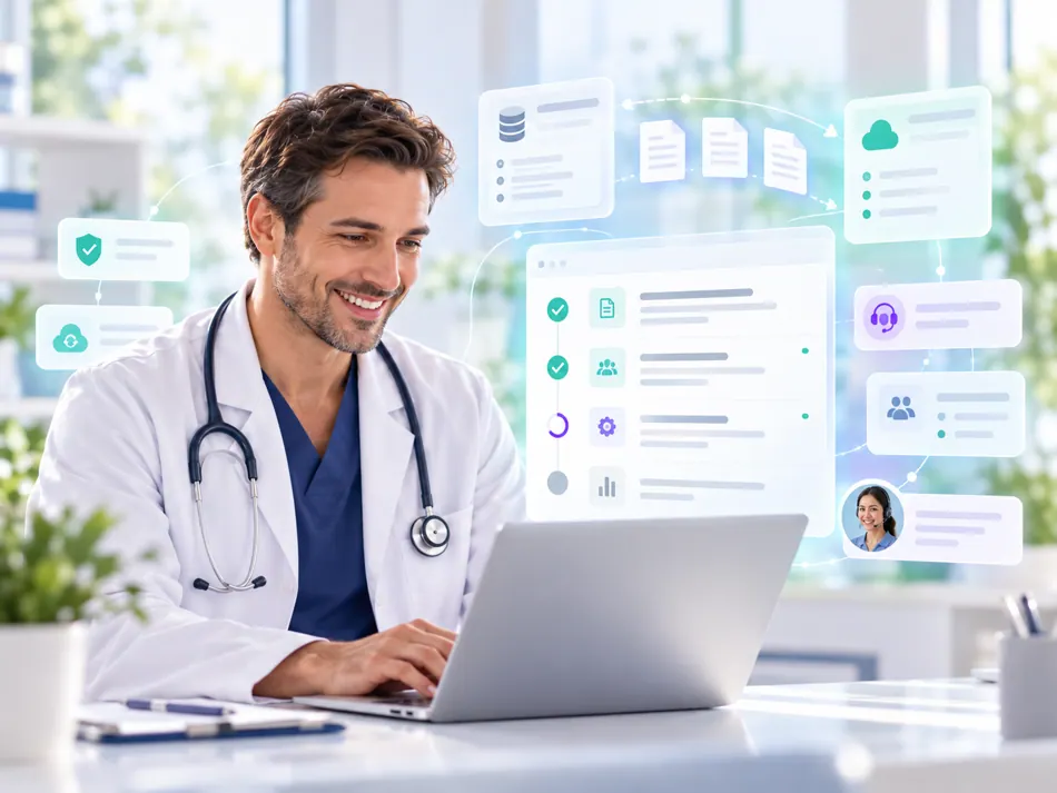 Illustrative physician reviewing an EHR transition and onboarding workflow
