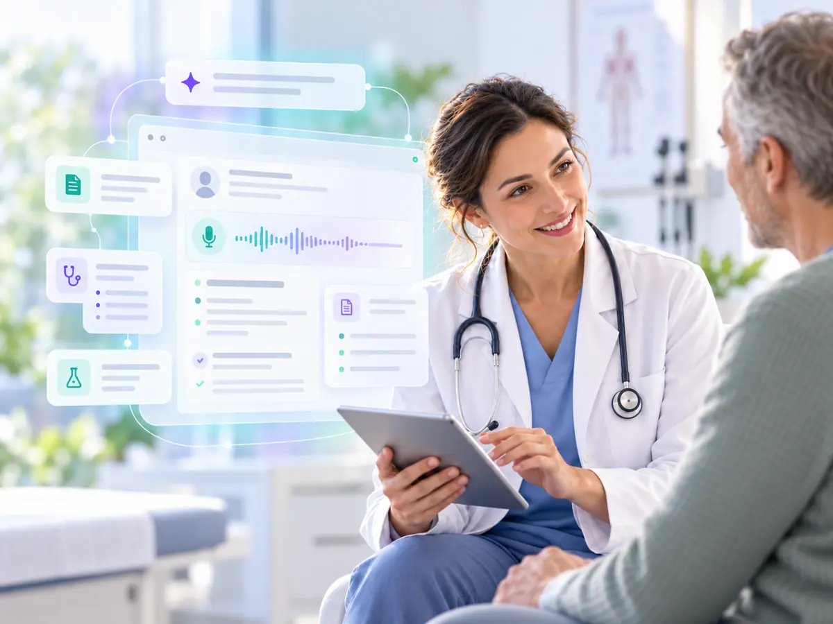 Illustrative doctor and patient consultation with AI-assisted documentation visuals