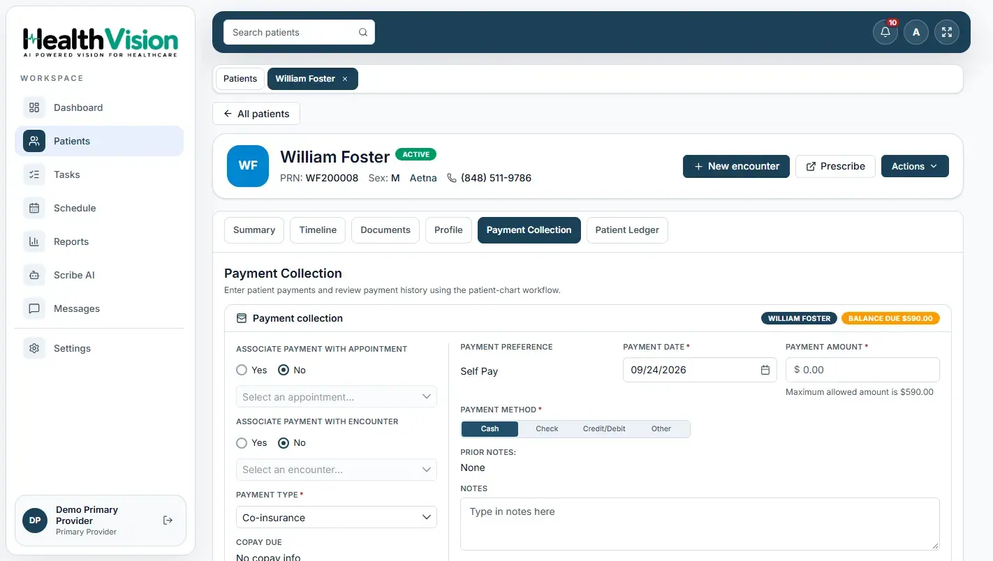 Actual HealthVision patient payment collection and billing interface