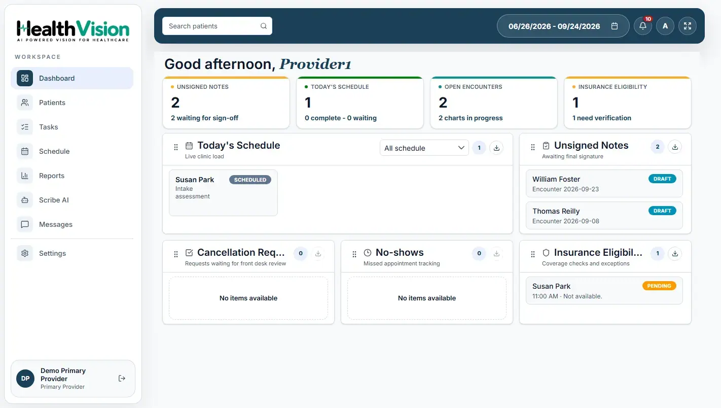 HealthVision dashboard and practice workflow screen from the product manual