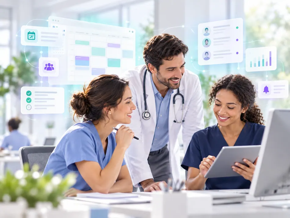 Illustrative healthcare team coordinating care through a connected platform