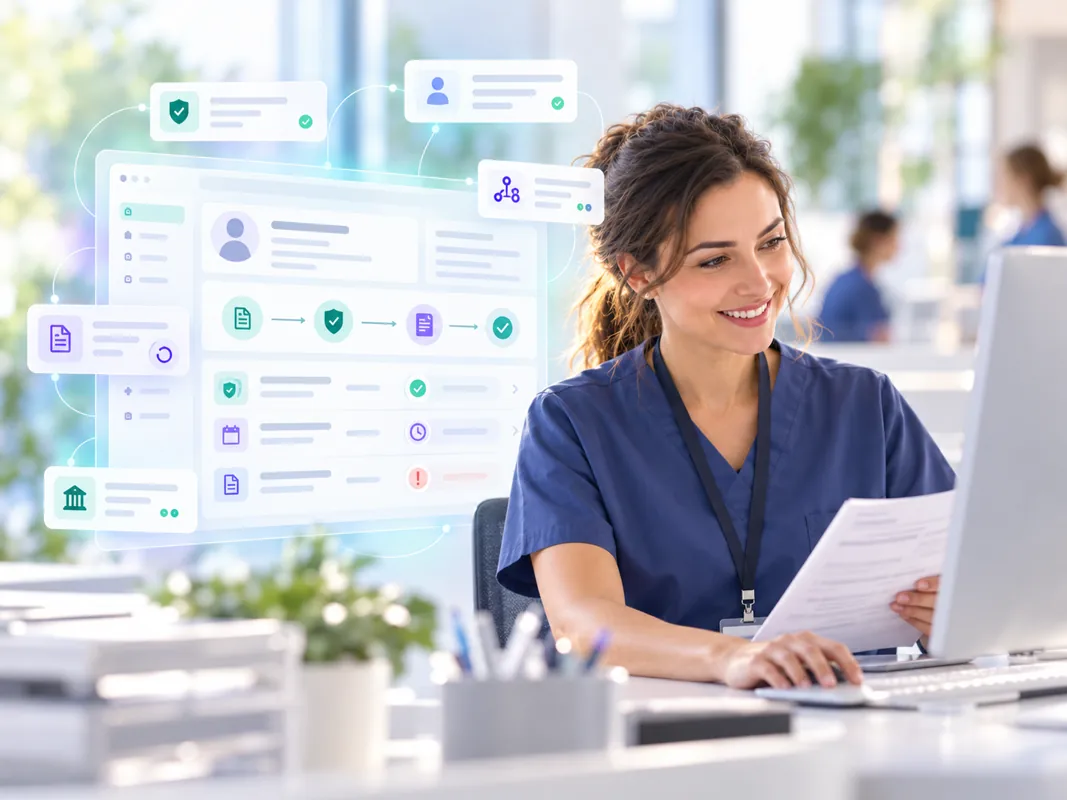 Healthcare coordinator working at a practice front desk, illustrative image