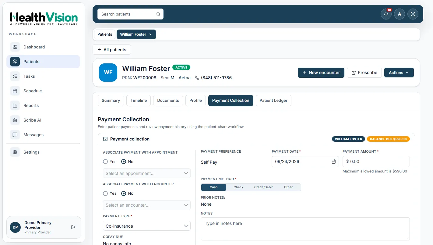 Actual HealthVision patient payment collection screenshot