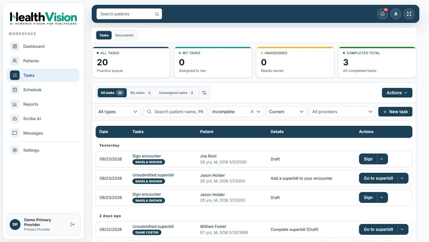 Actual HealthVision staff task management interface