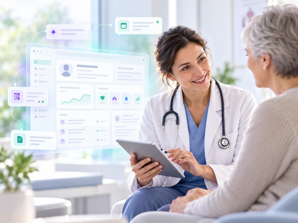 Clinician speaking with a patient while reviewing information on a tablet