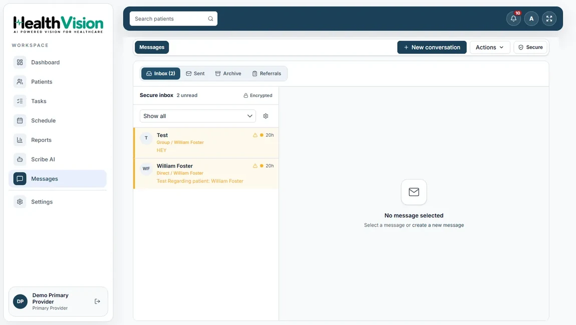 Actual HealthVision messaging workspace interface