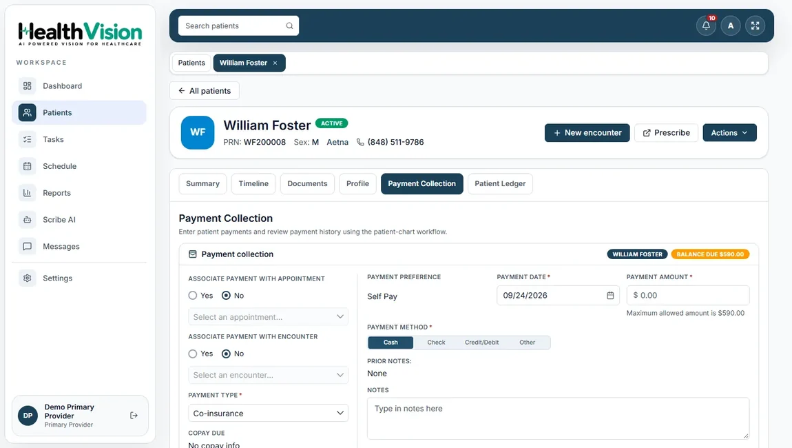 Actual HealthVision payment collection interface