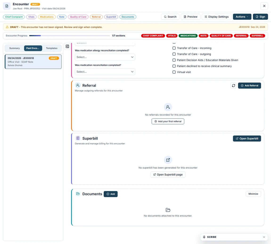 Actual HealthVision clinical encounter and chart documentation interface
